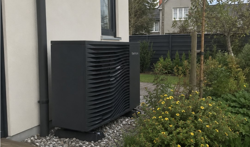 Heat pump outdoor unit installation with cost breakdown infographic