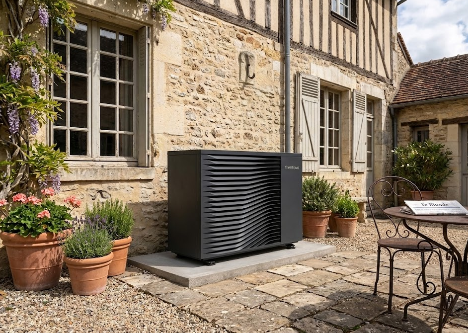 Anthracite grey Thermovo heat pump installed outside a modern European home